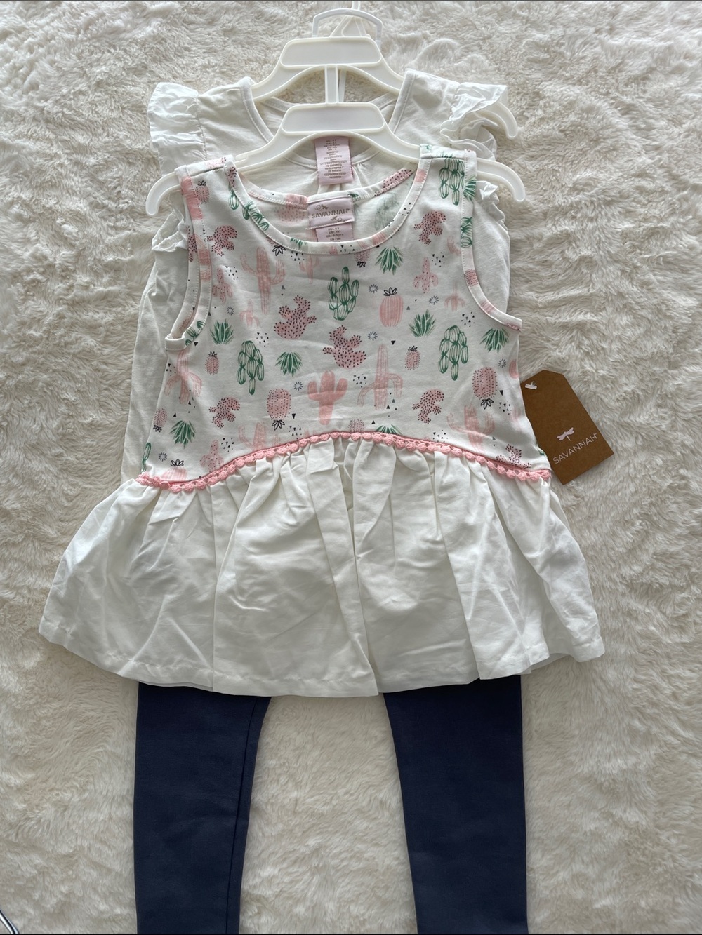 SALE! NET Savannah White Dress with Pink Trim & Green Cactus Motif 3 Pc Set 5T